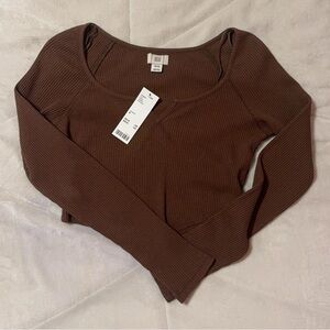 Urban Outfitters × BDG brown ribbed long sleeve crop top